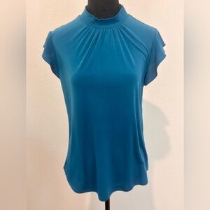 7th Avenue NY & Co Blue Flutter Sleeve High Neck Blouse M